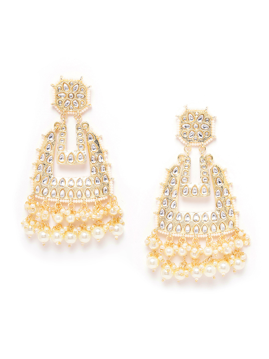 

Melani Borsa Off-White Gold-Plated Kundan Studded Handcrafted Geometric Drop Earrings