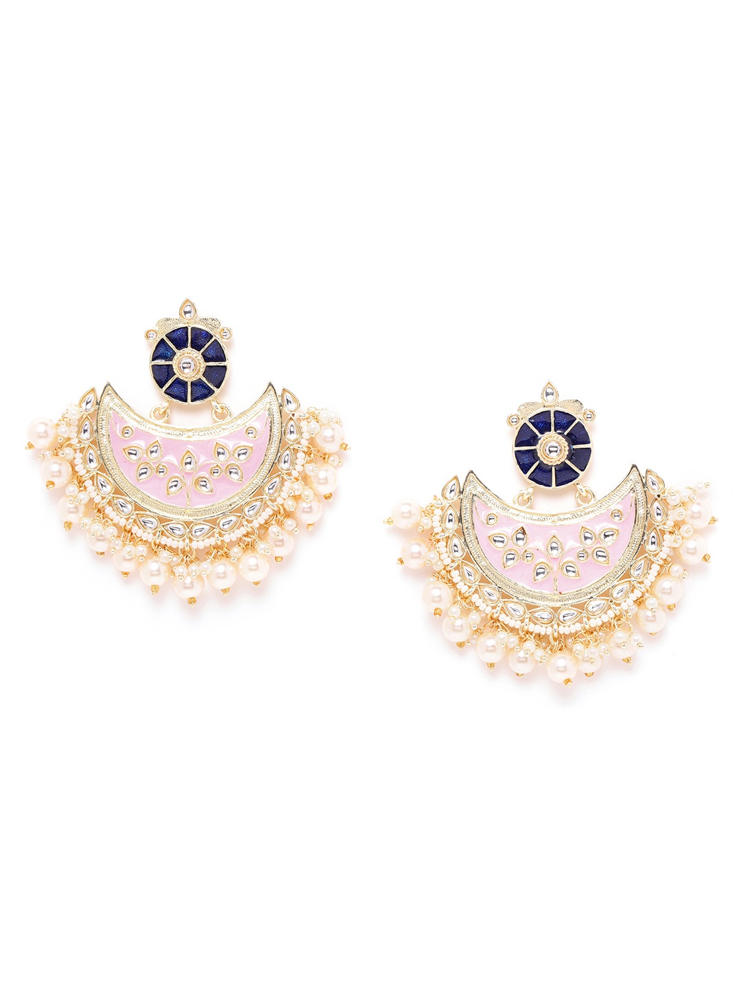 

Melani Borsa Pink Gold-Plated Kundan Enamelled Handcrafted Crescent Shaped Chandbalis