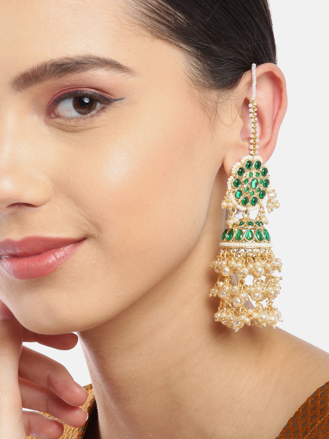 

Melani Borsa Green & Off-White Gold-Plated Stone Studded & Beaded Dome Shaped Jhumkas