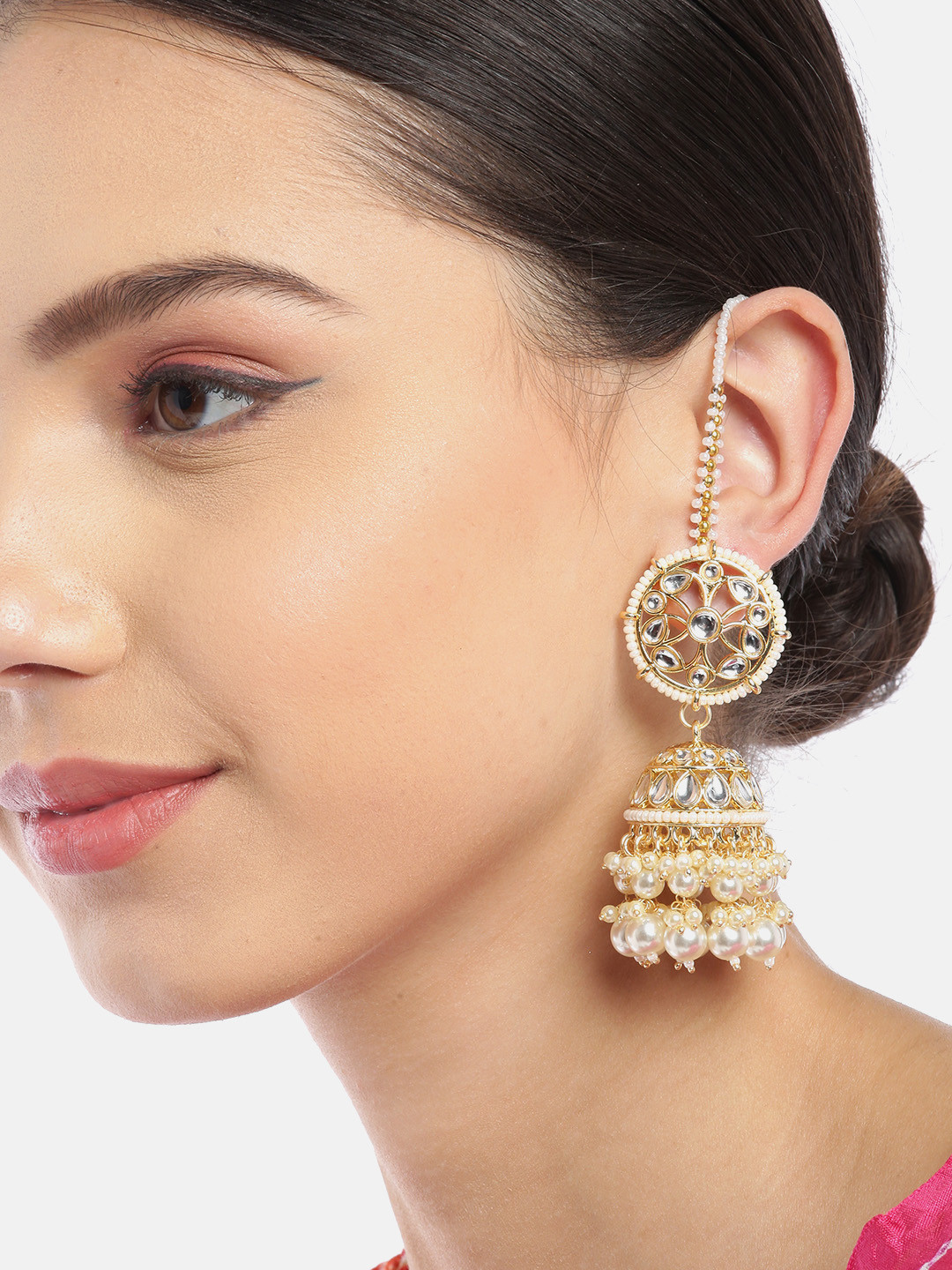 

Melani Borsa Off-White Gold-Plated Kundan Handcrafted Dome Shaped Jhumkas with Ear Chains