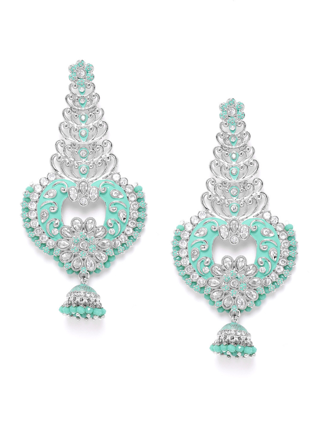 

Melani Borsa Blue Silver-Plated CZ Studded & Beaded Classic Handcrafted Drop Earrings