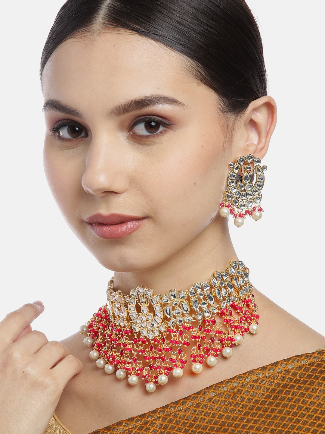 

Melani Borsa Pink Gold-Plated Kundan Studded & Beaded Jewellery Set
