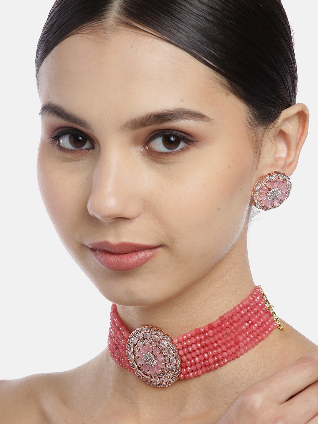 

Melani Borsa Pink Rose Gold-Plated CZ Studded & Beaded Jewellery Set