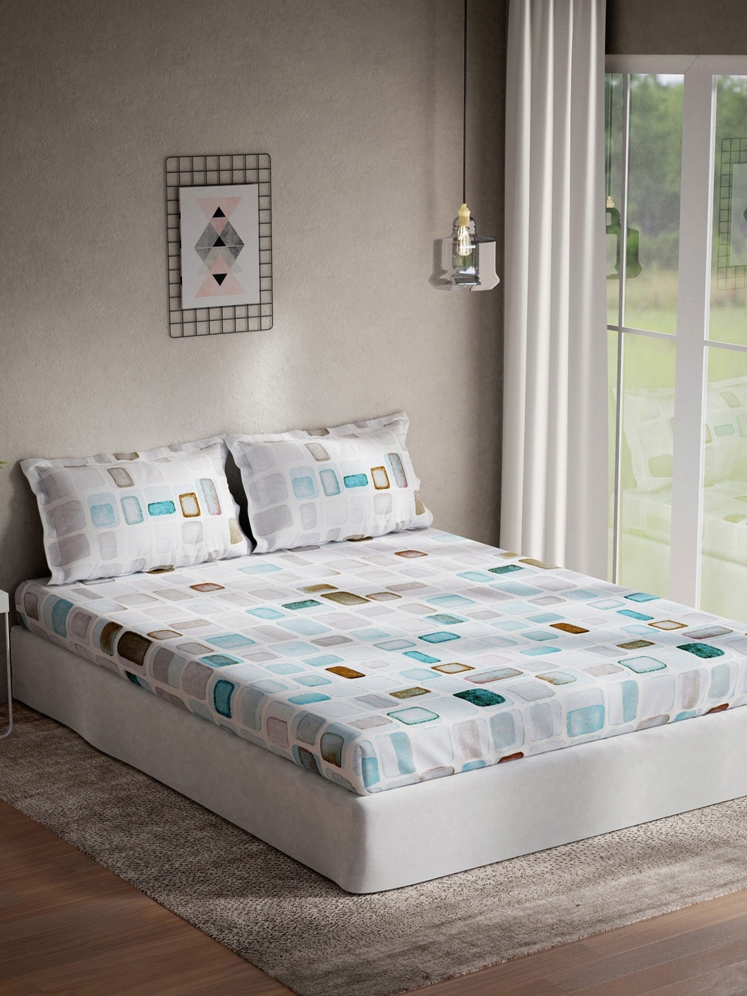 

DDecor Blue & White Geometric 140 TC Cotton Extra Large Bedsheet with 2 Pillow Covers