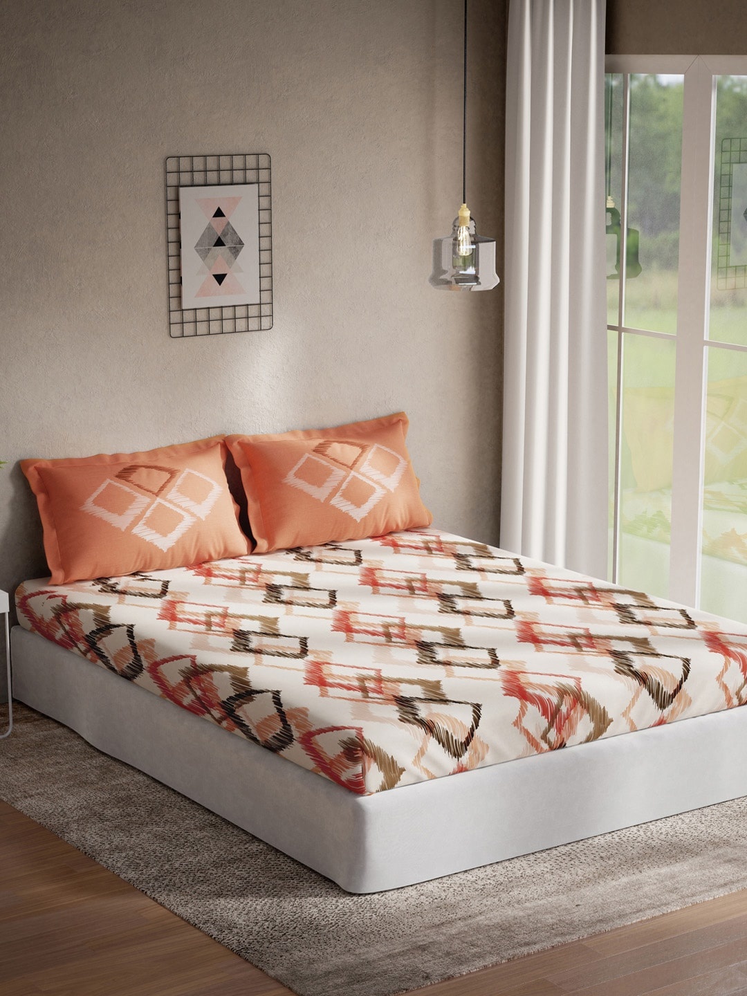 

DDecor Off-White & Pink Geometric Print 140 TC Cotton King Bedsheet with 2 Pillow Covers