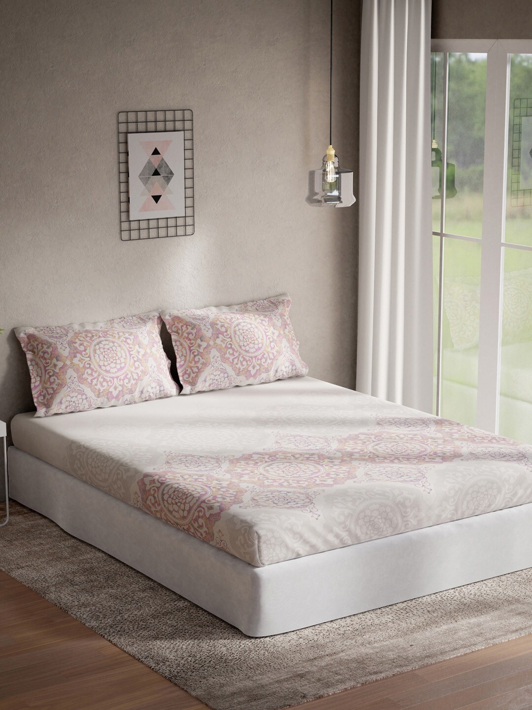 

DDecor Pink & White Printed 140 TC 1 Double Queen Bedsheet with 2 Pillow Covers