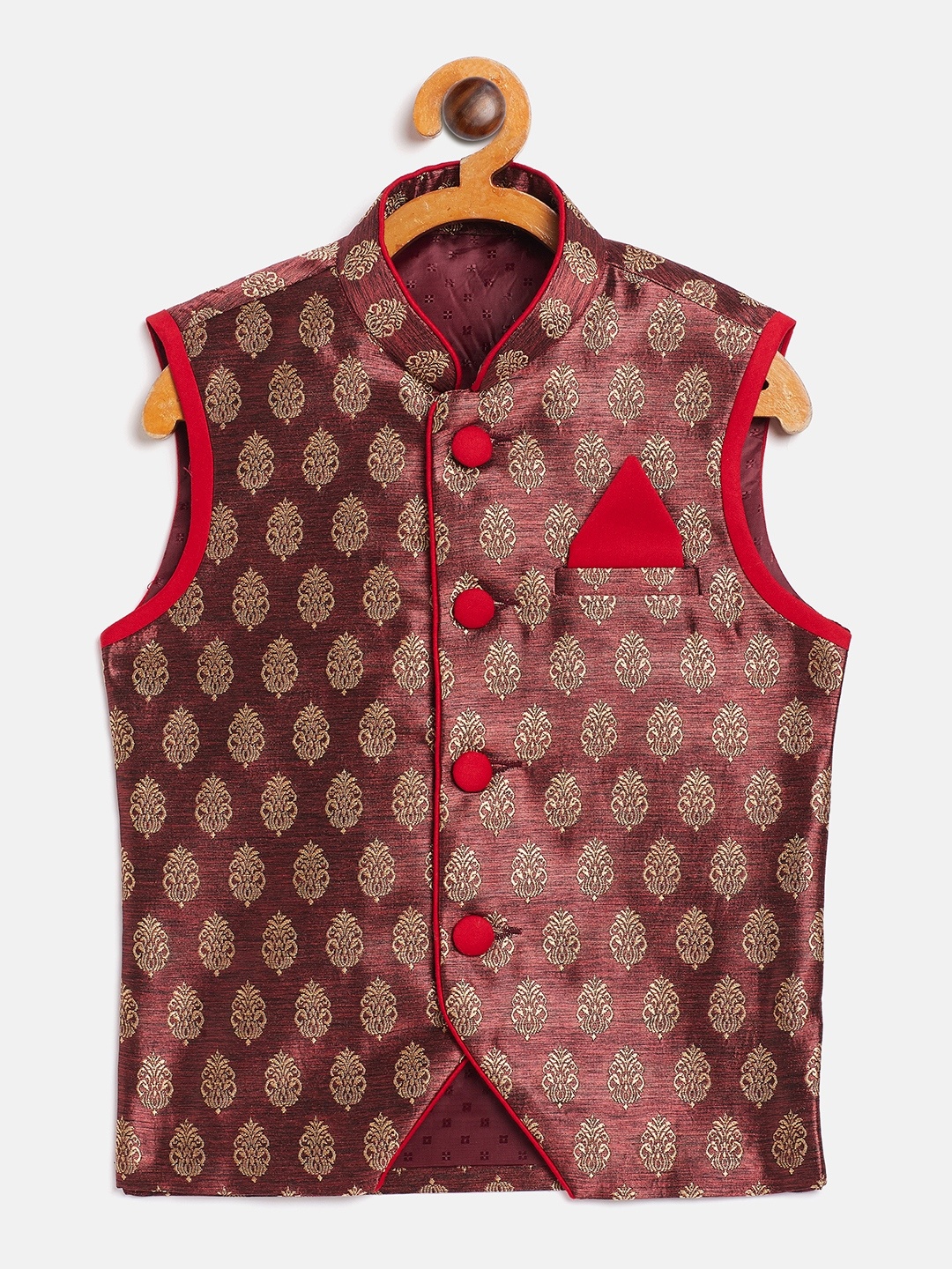 

YK Boys Maroon & Beige Woven Design Nehru Jacket