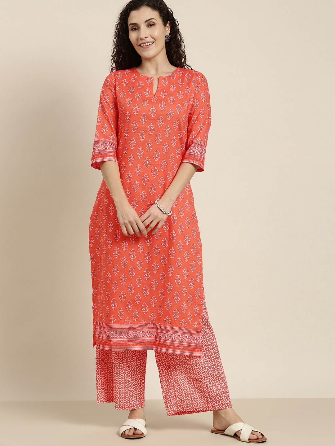 

Vishudh Women Pure Cotton Coral & Red Printed Kurta with Trousers