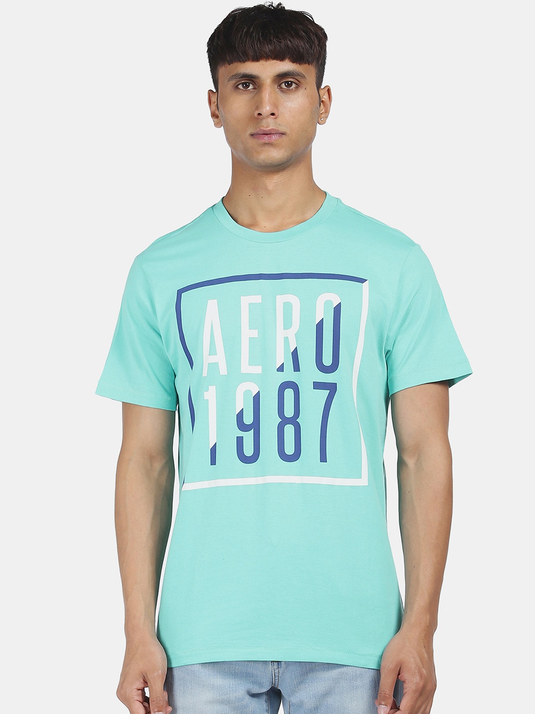 

Aeropostale Men Blue Printed Mandarin Collar T-shirt