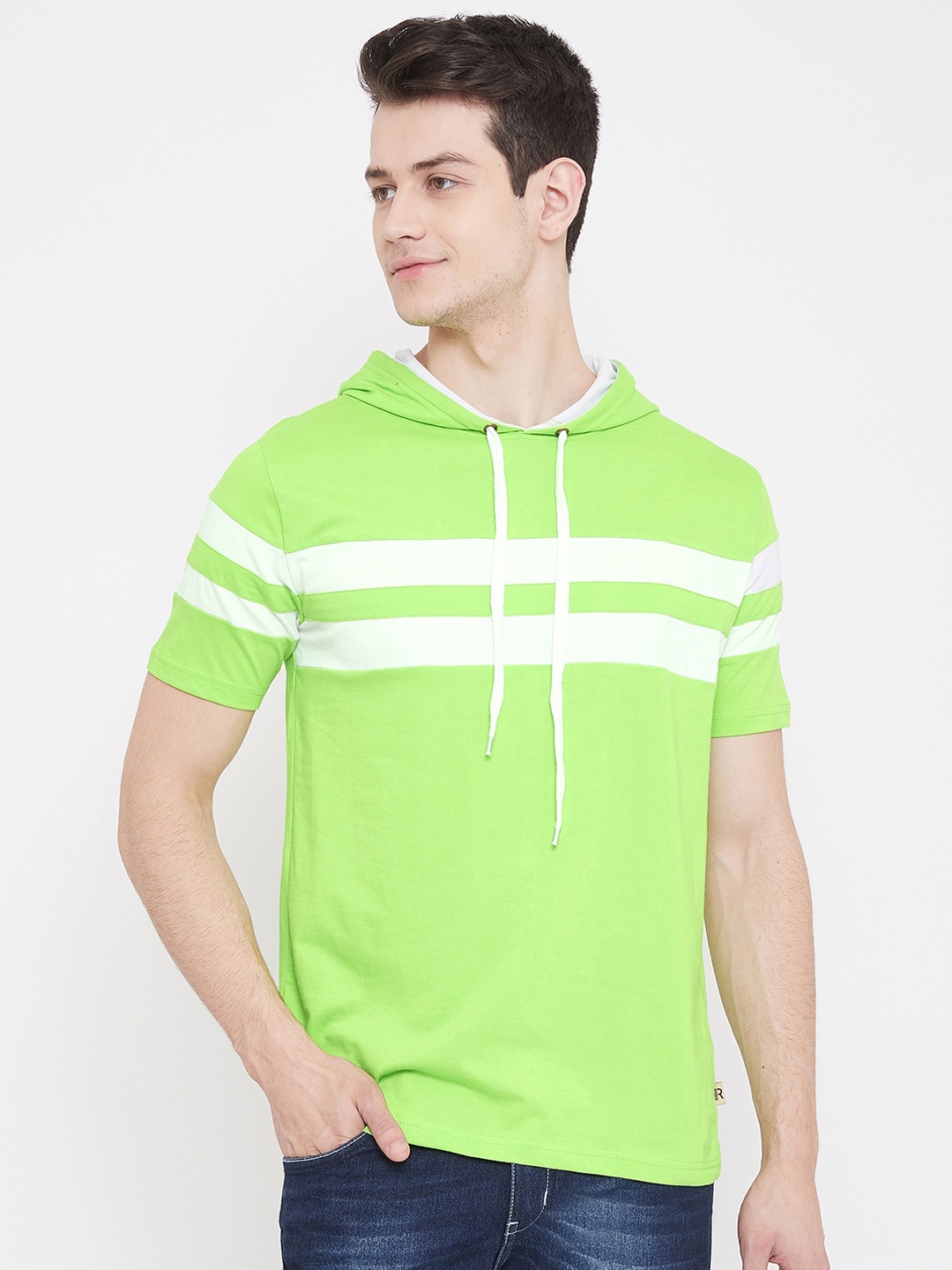 

Rodzen Men Fluorescent Green Striped Hood T-shirt