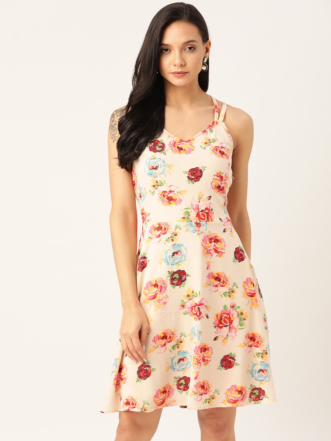 

DODO & MOA Women Peach-Coloured & Red Floral Printed A-Line Dress