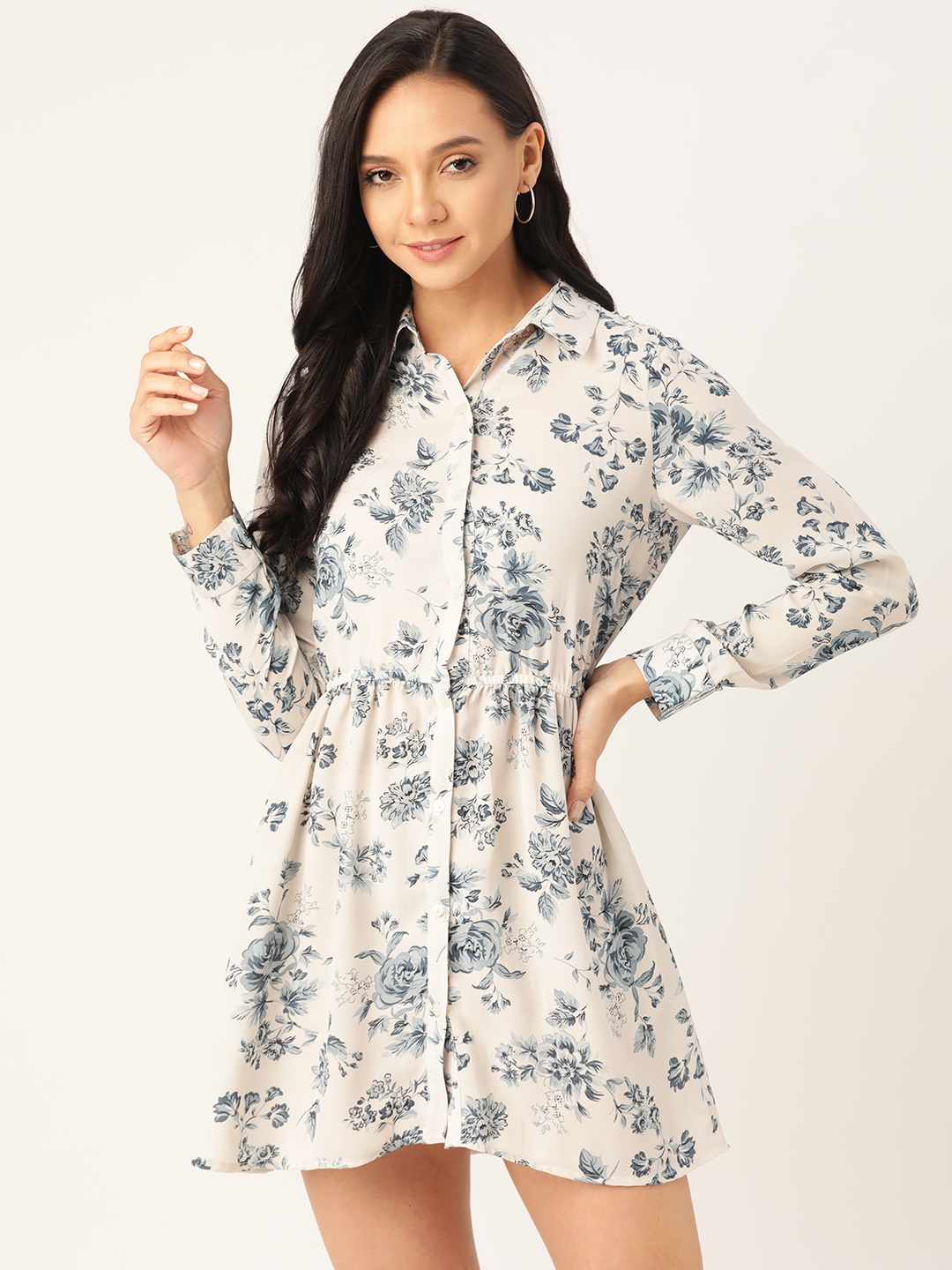 

DODO & MOA Women Off-White & Blue Floral Printed Shirt Dress