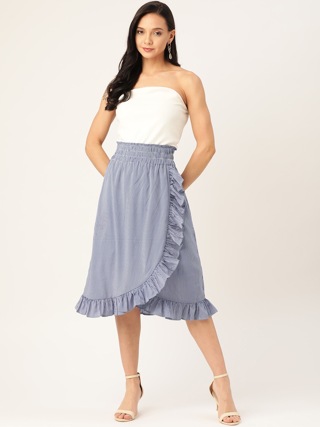 

DODO & MOA Women Blue & White Striped Ruffled Tube Dress
