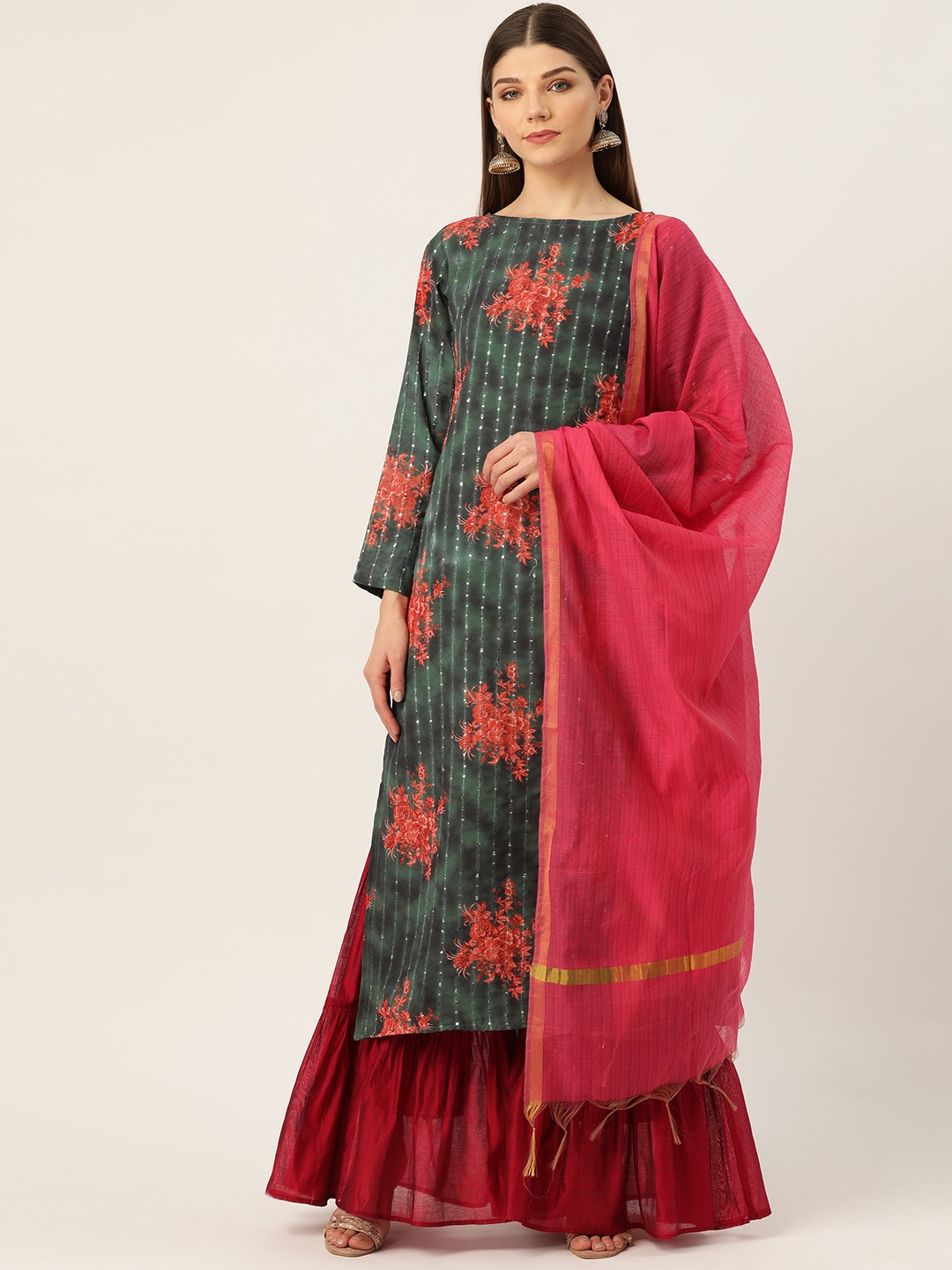 

Cottinfab Women Green & Red Floral Print Kurta with Sharara & Dupatta