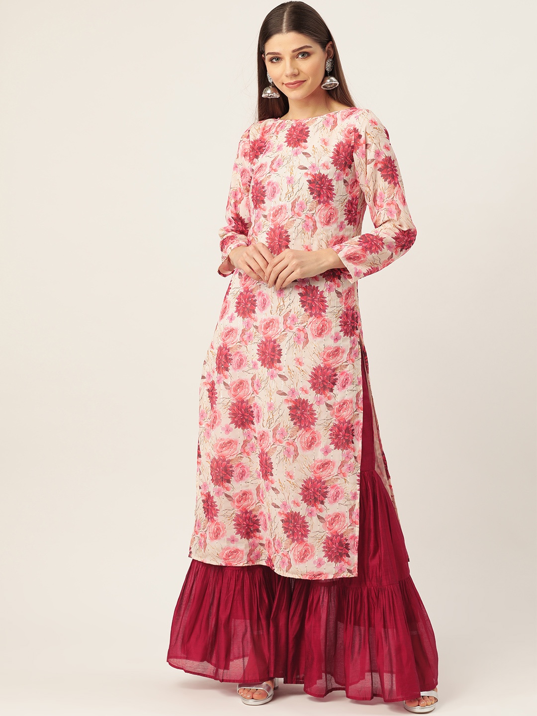 

Cottinfab Women Off-White & Pink Floral Print Kurta with Sharara