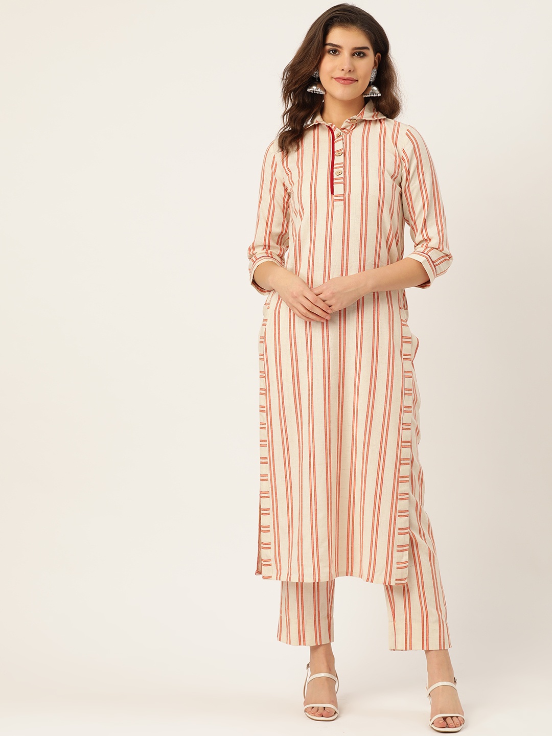 

Cottinfab Women Off-White & Red Striped Pure Cotton Kurta with Trousers