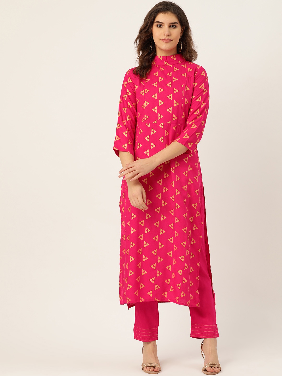 

Cottinfab Women Magenta & Golden Printed Kurta with Trousers