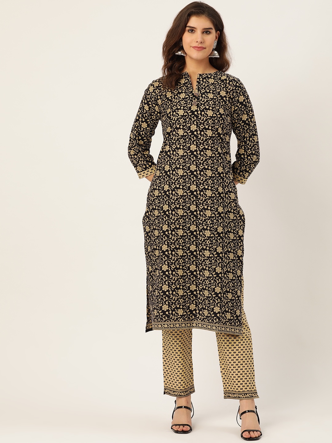 

Cottinfab Women Black & Beige Printed Pure Cotton Kurta with Trousers