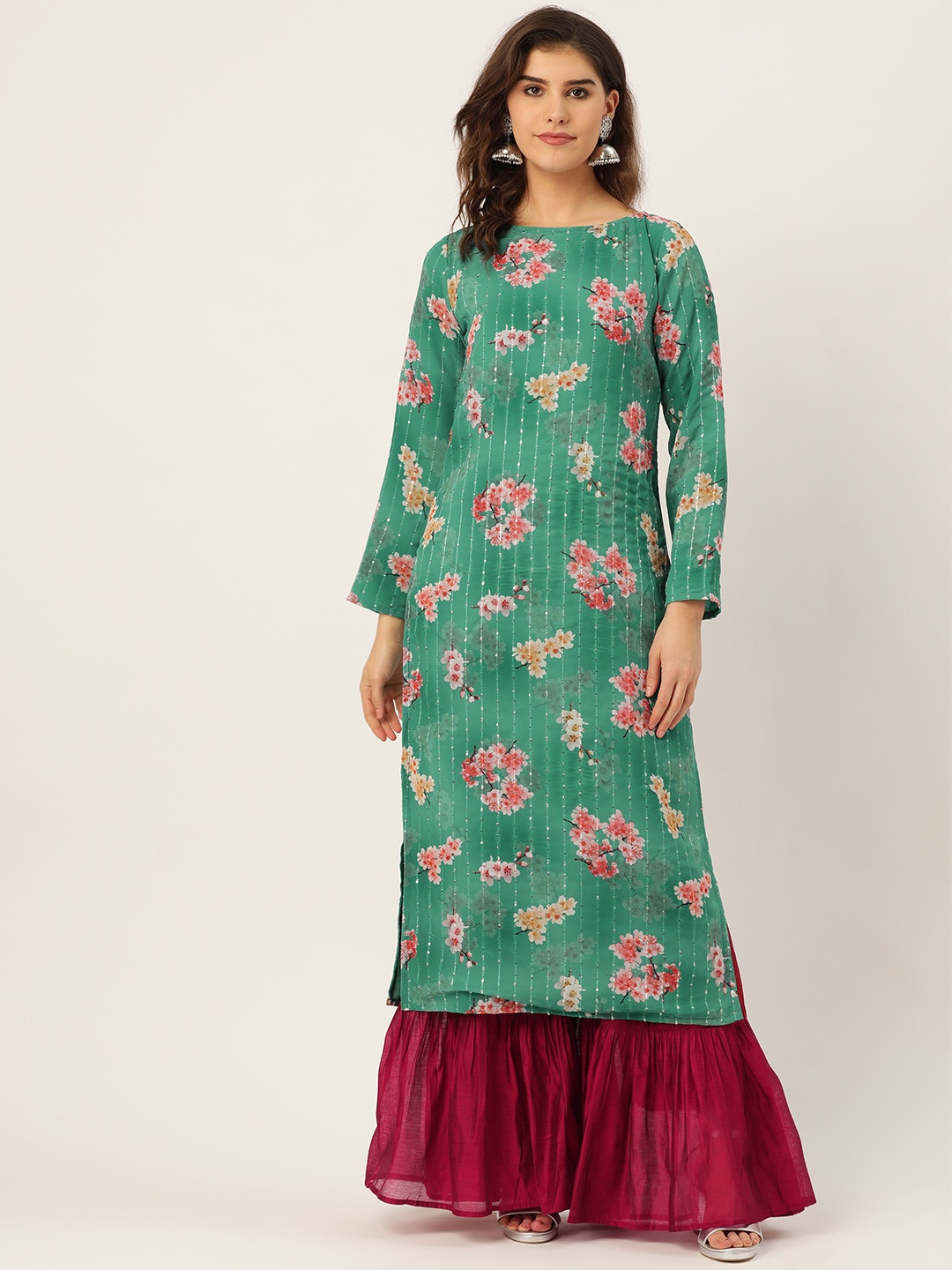 

Cottinfab Women Green & Maroon Floral Print Kurta with Sharara