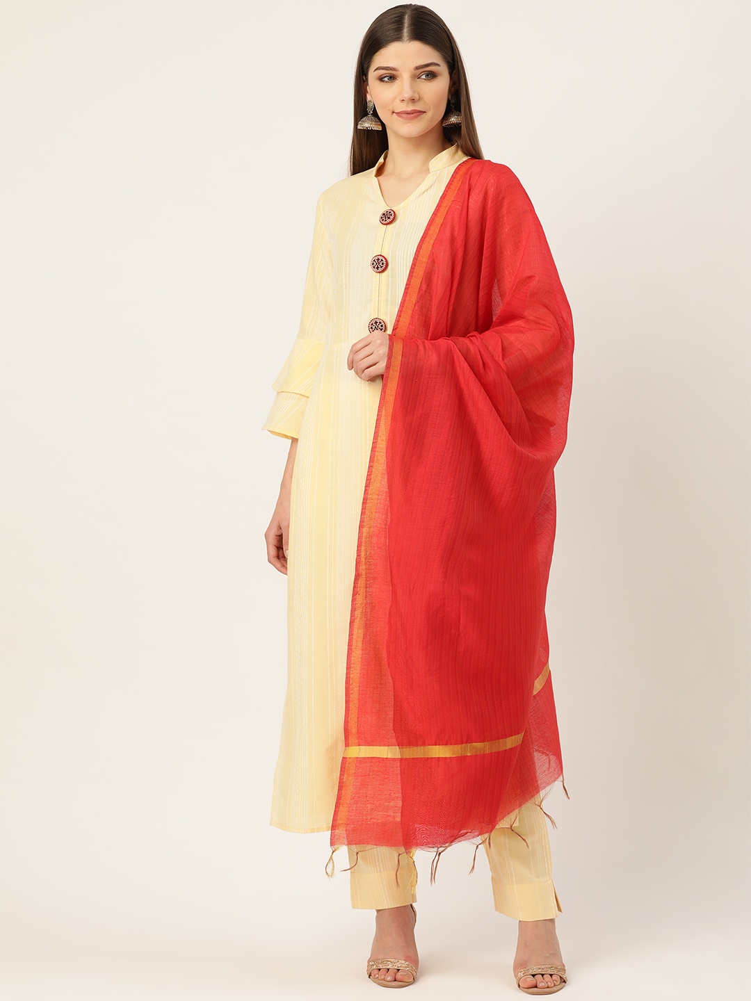 

Cottinfab Women Yellow & Off-White Pure Cotton Self Striped Kurta with Trousers & Dupatta