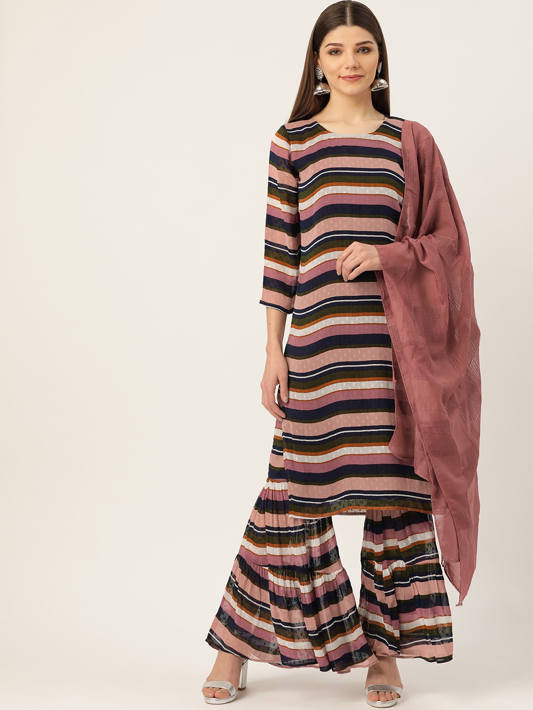 

Cottinfab Women Pink & White Striped Kurta with Sharara & Dupatta