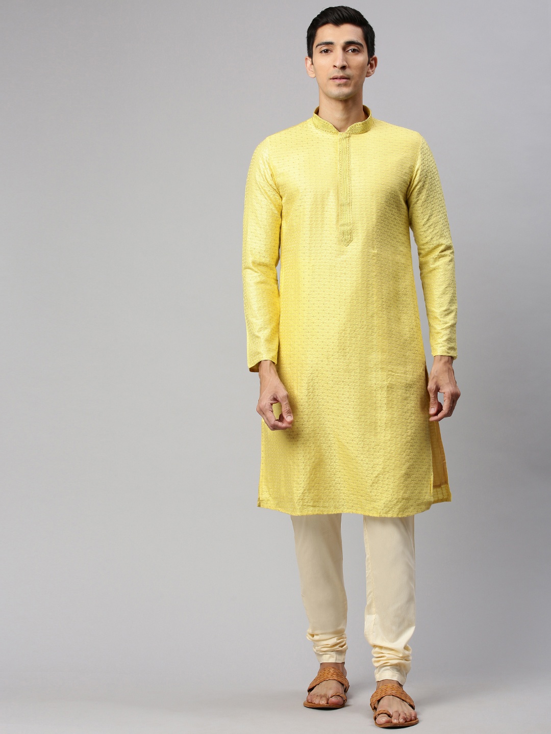 

Manyavar Men Yellow Woven Design Kurta with Churidar