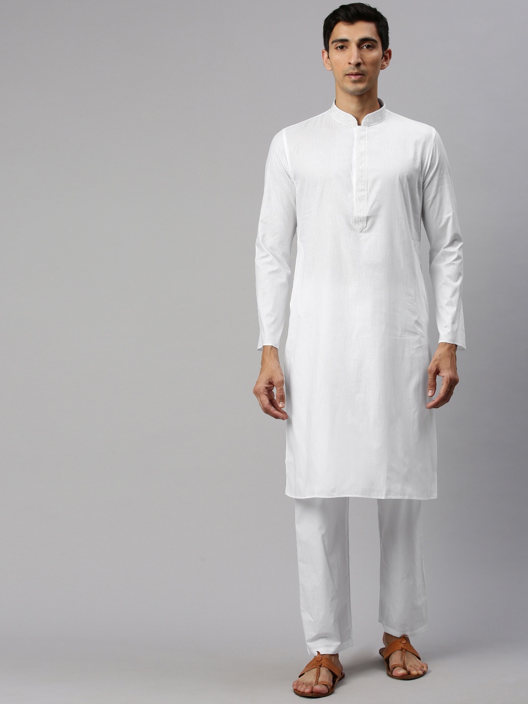 

Manyavar Men White Self Design Kurta with Pyjamas