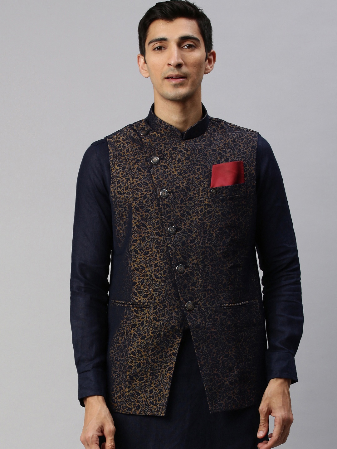 

Manyavar Men Navy Blue & Gold-Toned Woven Design Nehru Jacket