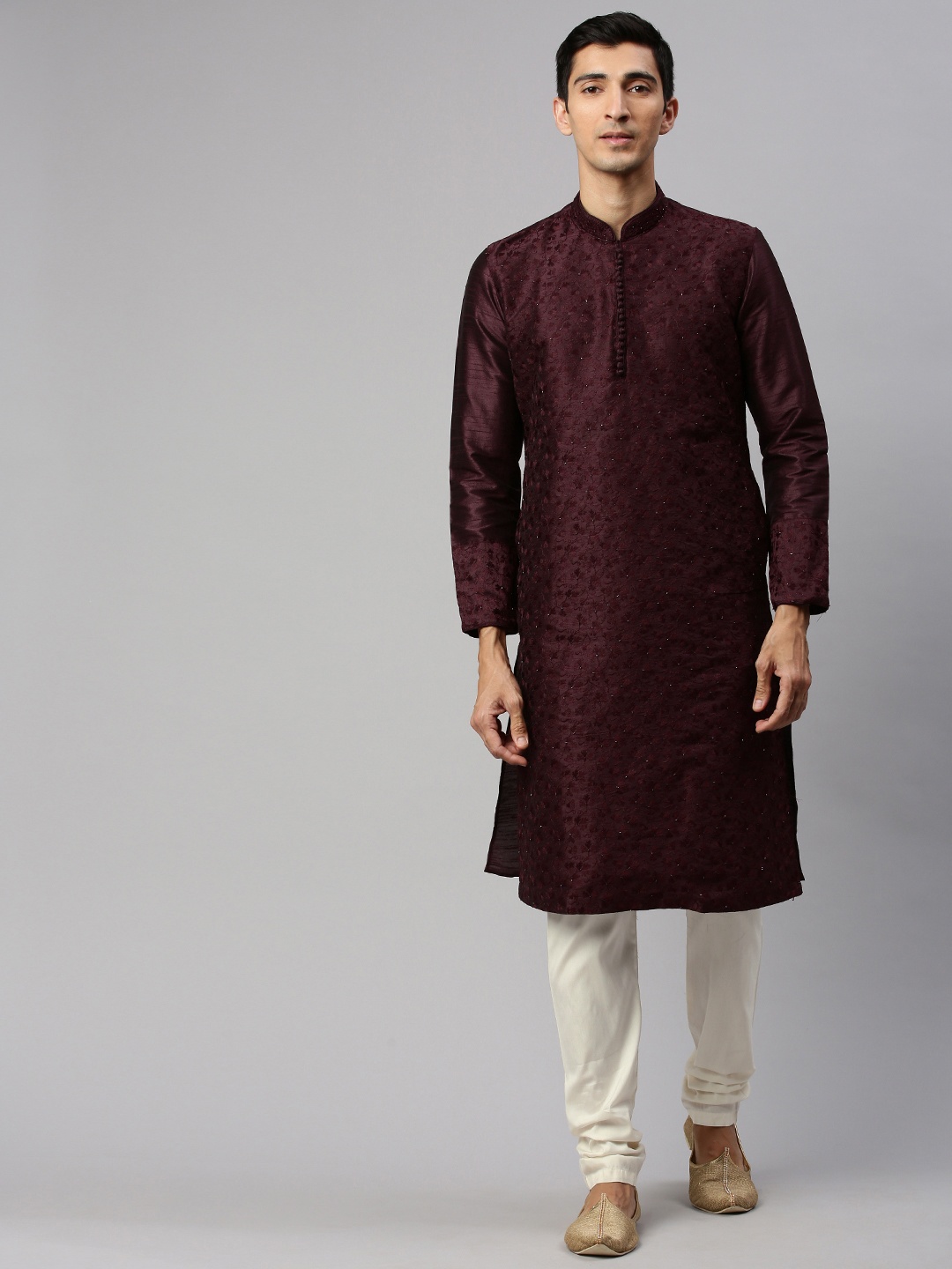 

Manyavar Men Burgundy Embroidered Kurta with Churidar