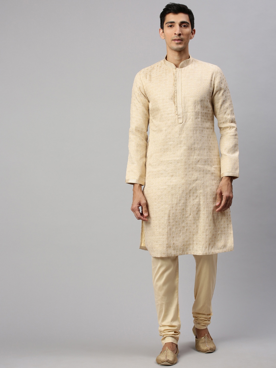 

Manyavar Men Beige & Gold-Toned Woven Design Kurta with Churidar