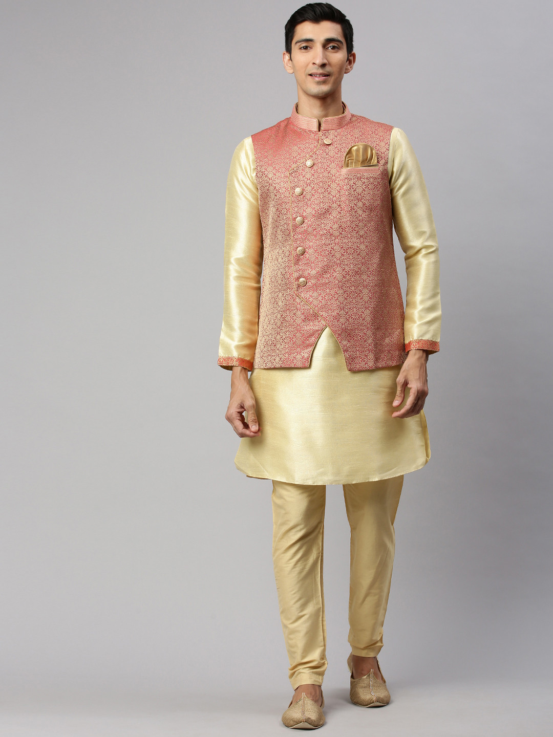 

Manyavar Men Pink & Gold-Toned Printed Short Kurta with Churidar & Nehru Jacket