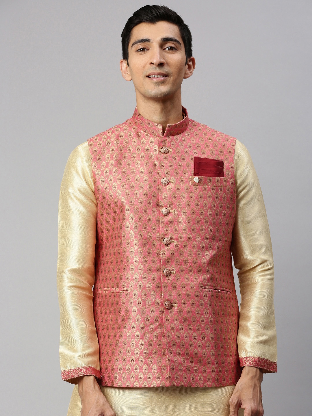 

Manyavar Men Pink & Gold-Toned Woven Design Nehru Jacket, Peach