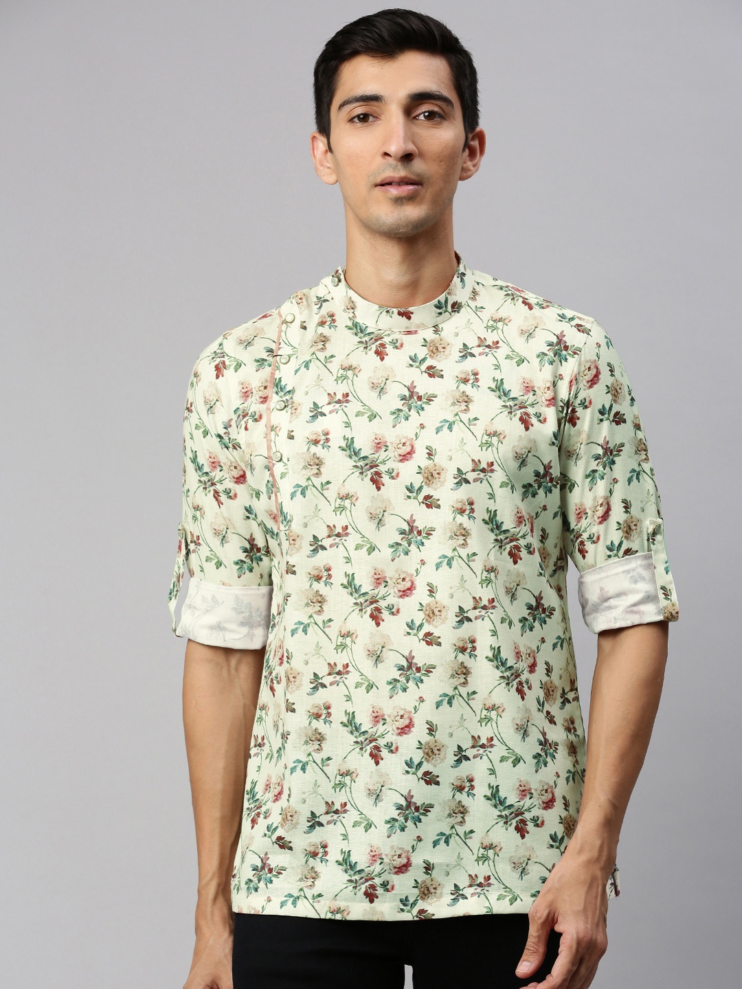 

Manyavar Men Cream-Coloured Floral Printed Short Kurta