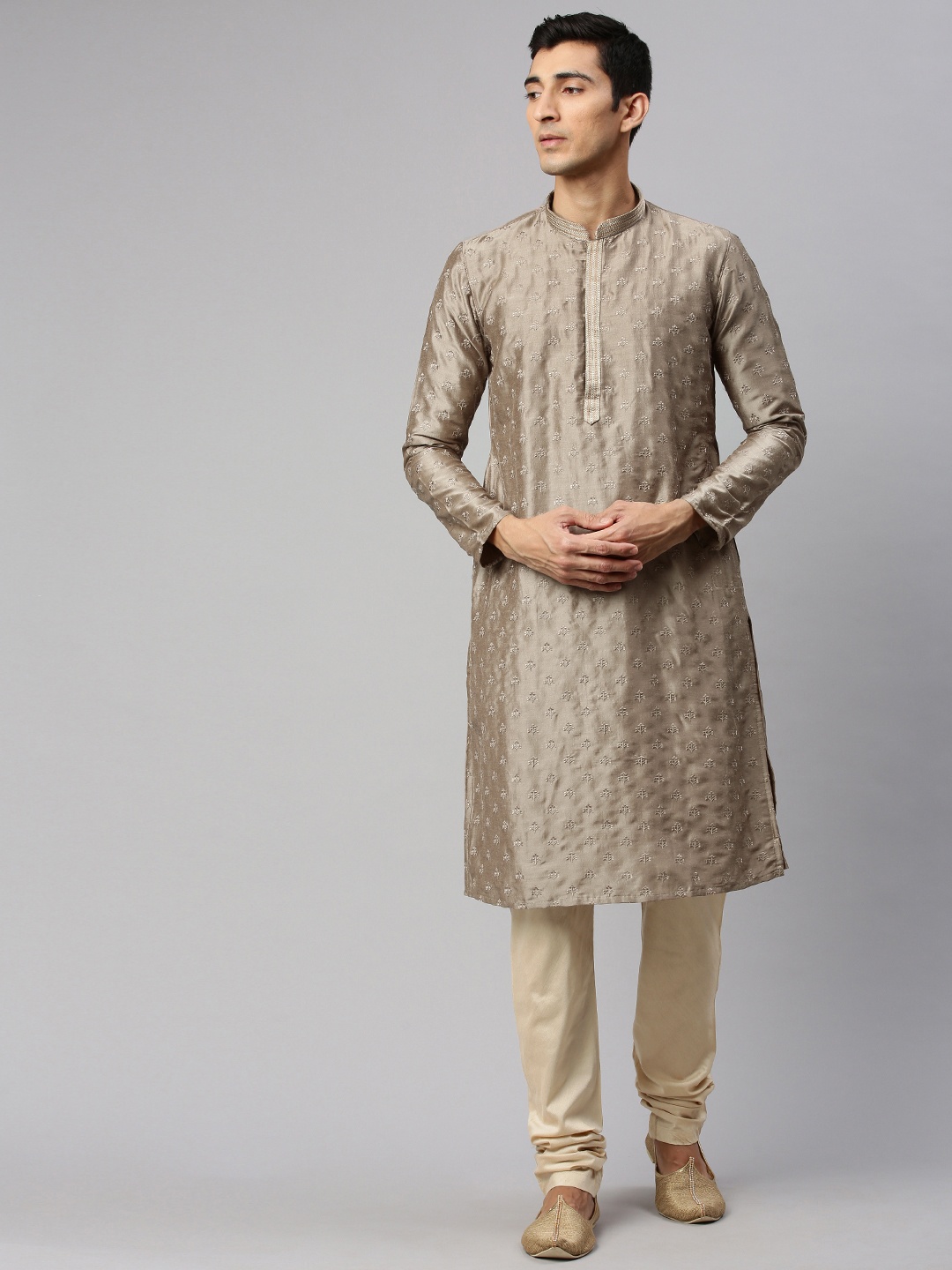 

Manyavar Men Olive Green Embroidered Kurta with Churidar