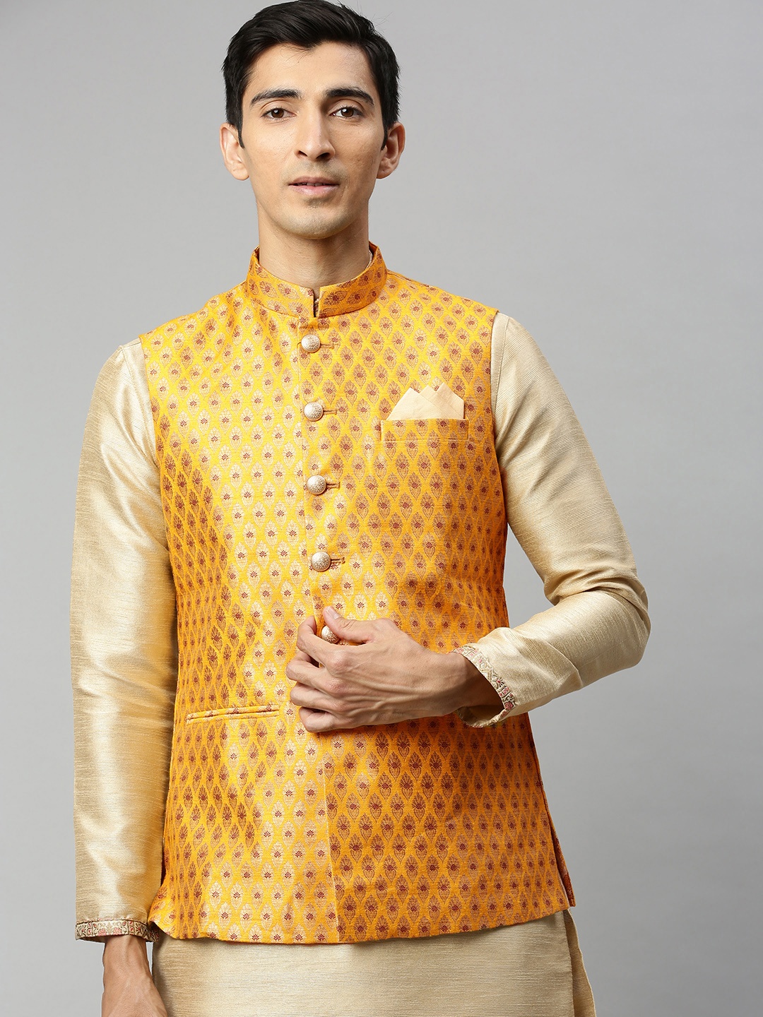 

Manyavar Men Mustard Yellow & Maroon Woven Design Nehru Jacket