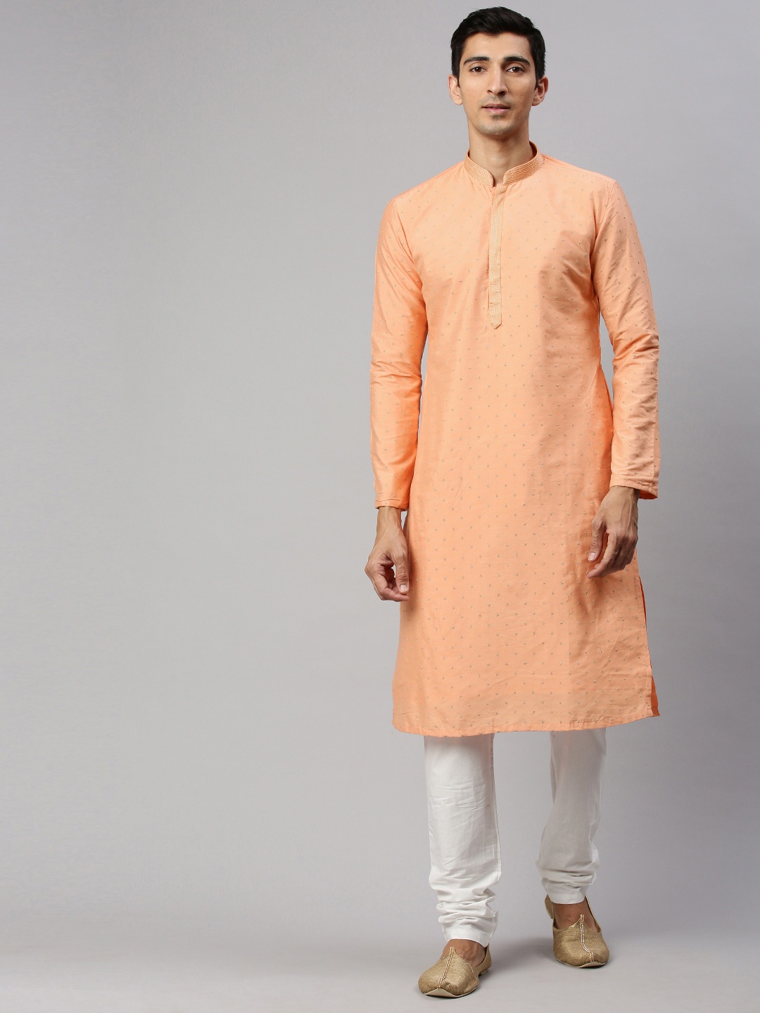 

Manyavar Men Peach-Coloured Embroidered Kurta with Churidar