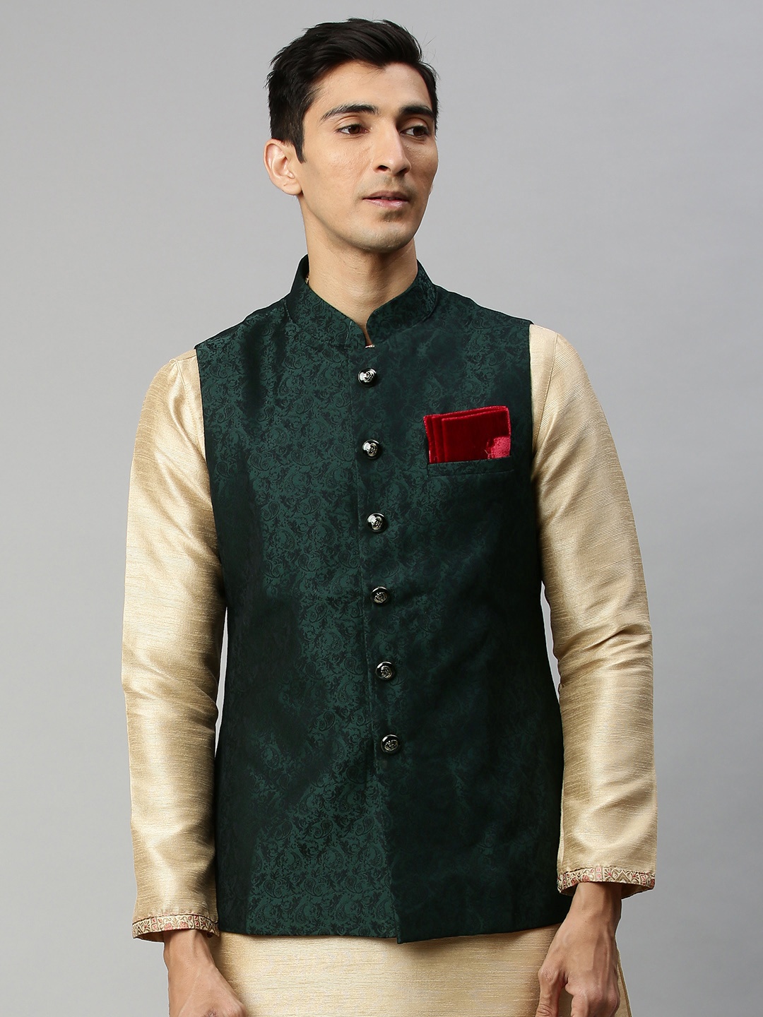 

Manyavar Men Green & Black Woven Design Nehru Jacket