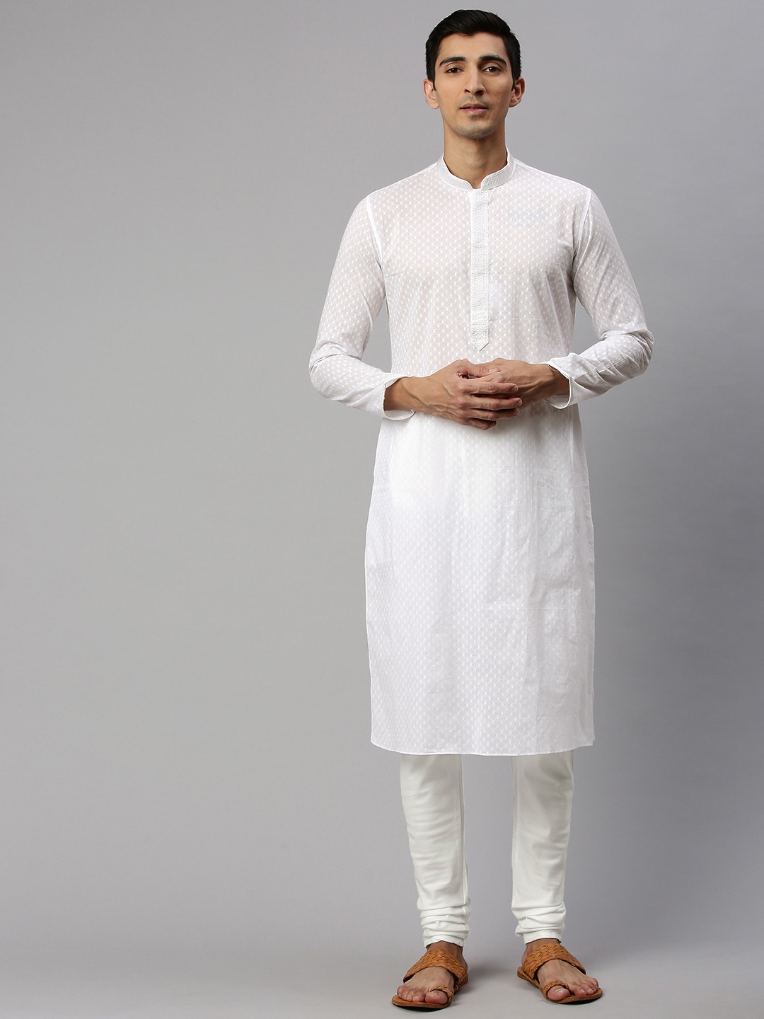 

Manyavar Men White Woven Design Kurta with Churidar