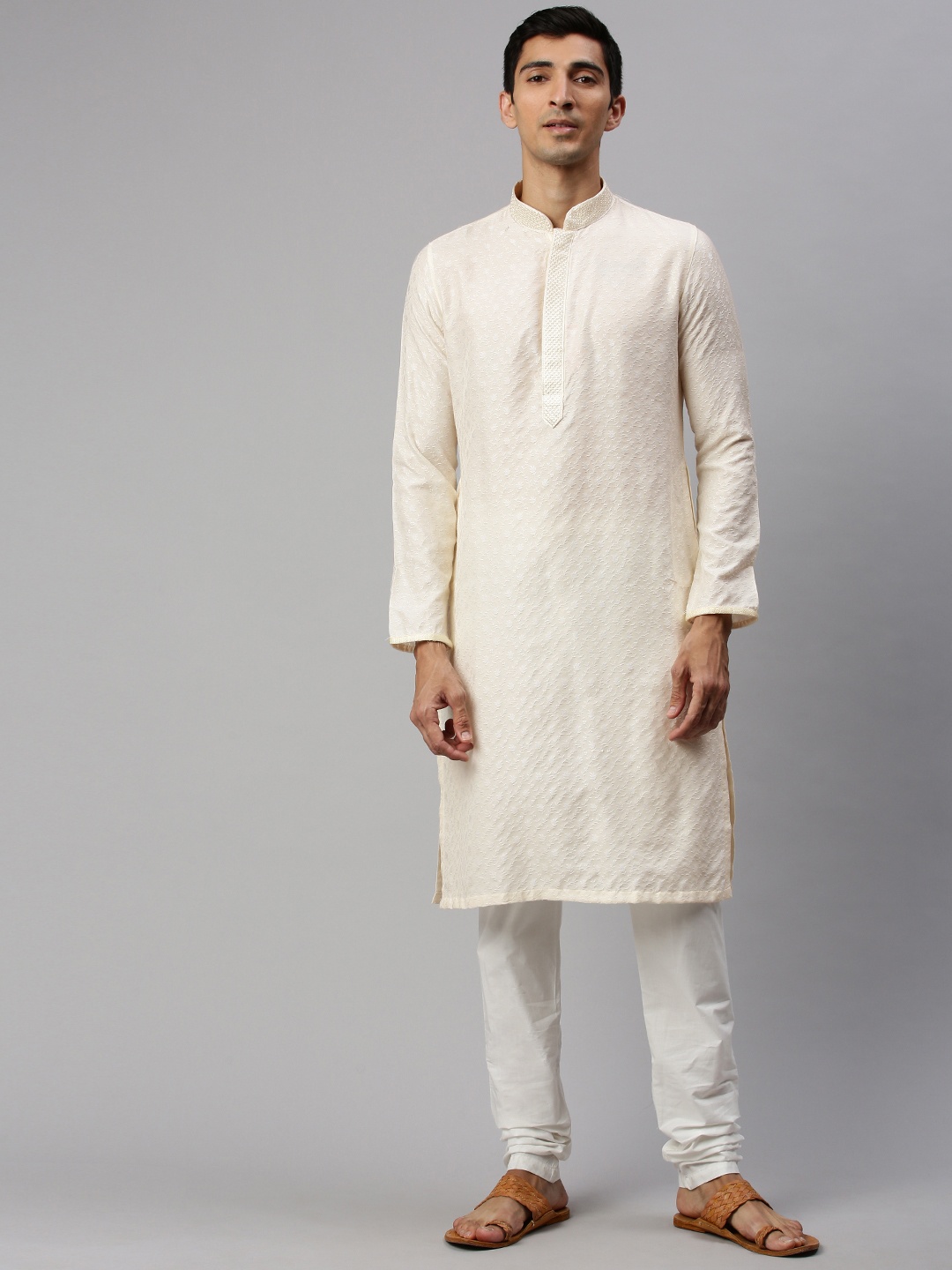 

Manyavar Men Cream-Coloured & White Embroidered Kurta with Churidar