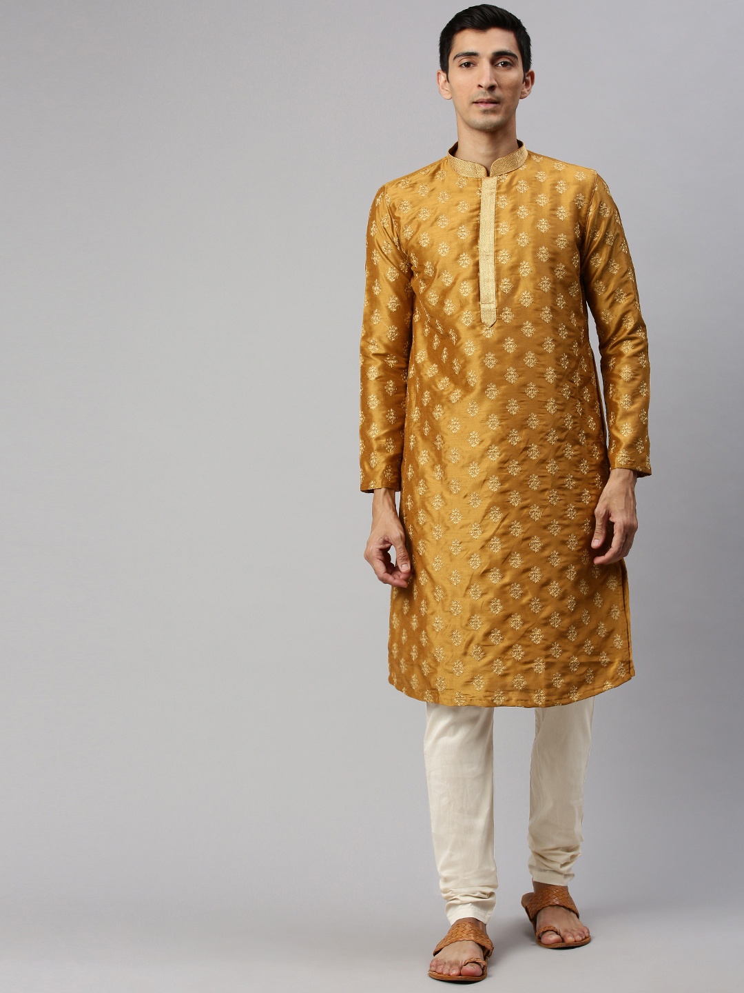 

Manyavar Men Mustard Yellow & Gold-Toned Embroidered Kurta with Churidar