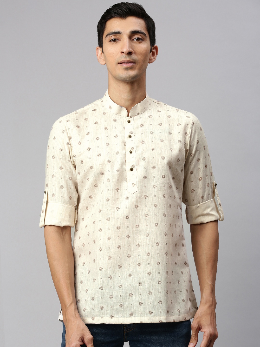 

Manyavar Men Beige Printed Short Kurta