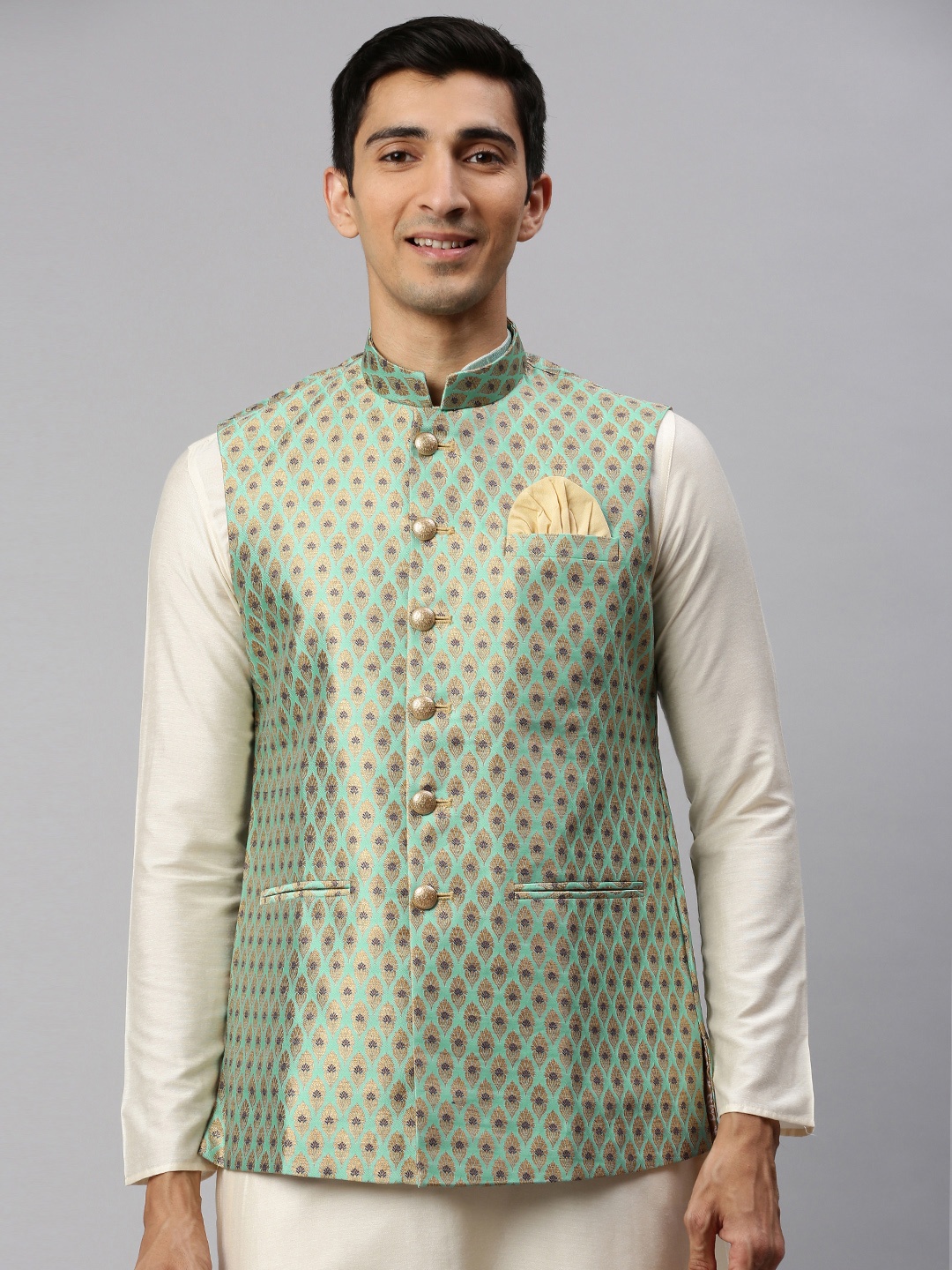 

Manyavar Men Sea Green & Gold-Toned Woven Design Nehru Jacket