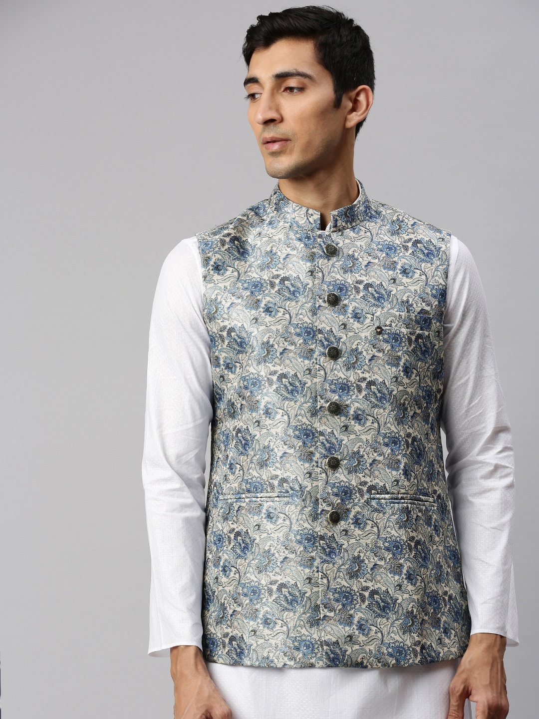 

Manyavar Men Grey & Blue Printed Nehru Jacket