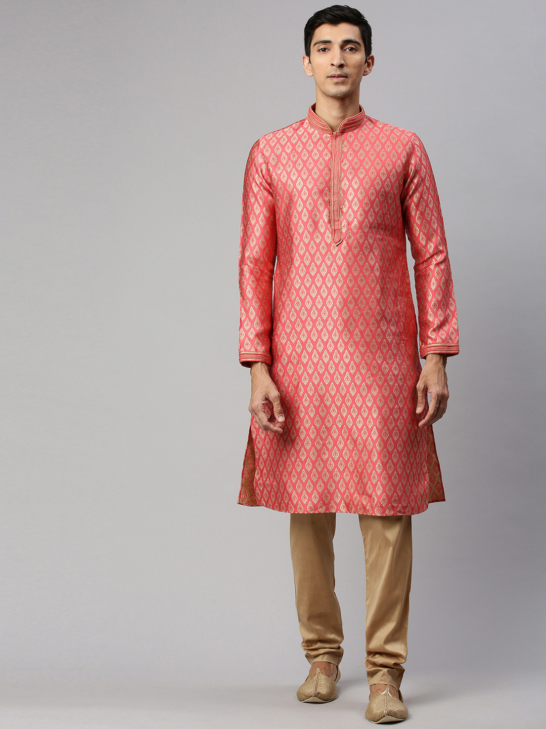 

Manyavar Men Pink & Gold-Coloured Woven Design Kurta with Churidar