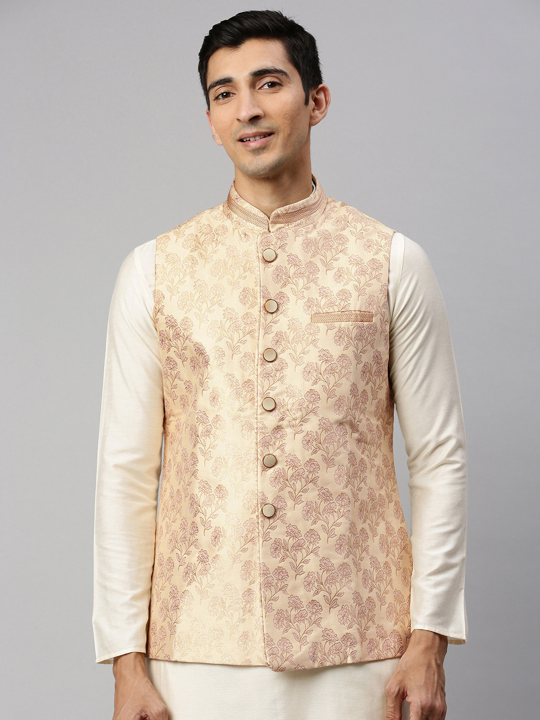 

Manyavar Men Cream-Coloured & Pink Woven Design Nehru Jacket
