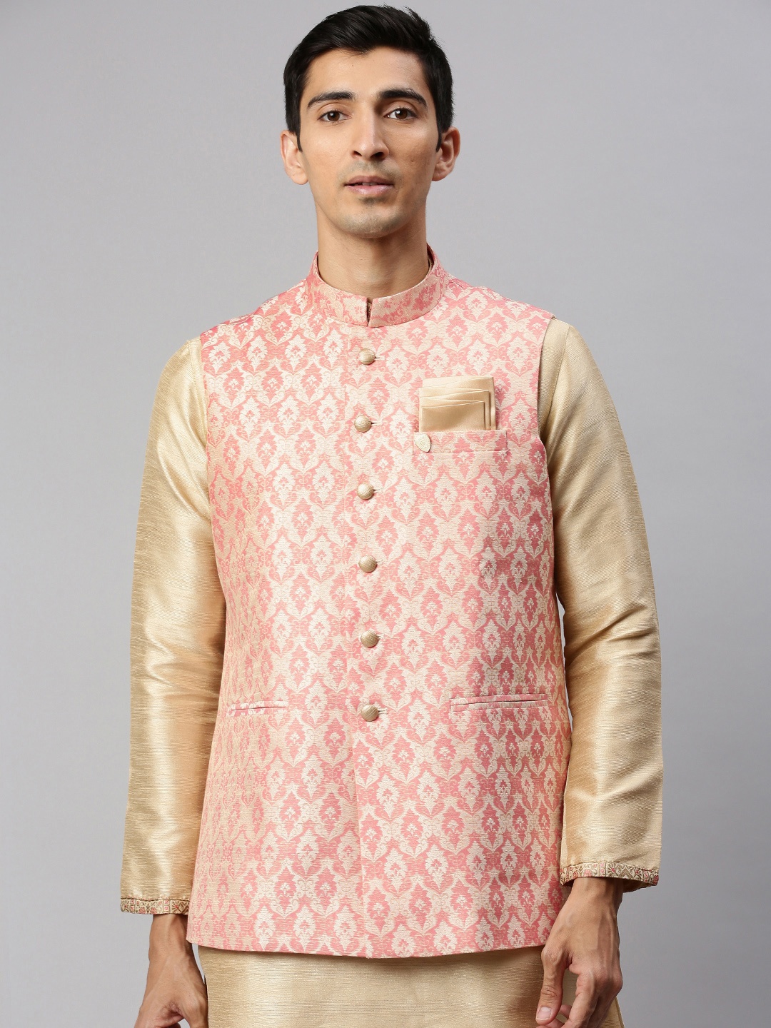 

Manyavar Men Pink & Cream-Coloured Woven Design Nehru Jacket