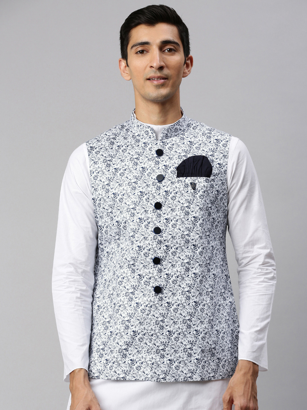 

Manu Men White & Navy Blue Floral Printed Nehru Jacket