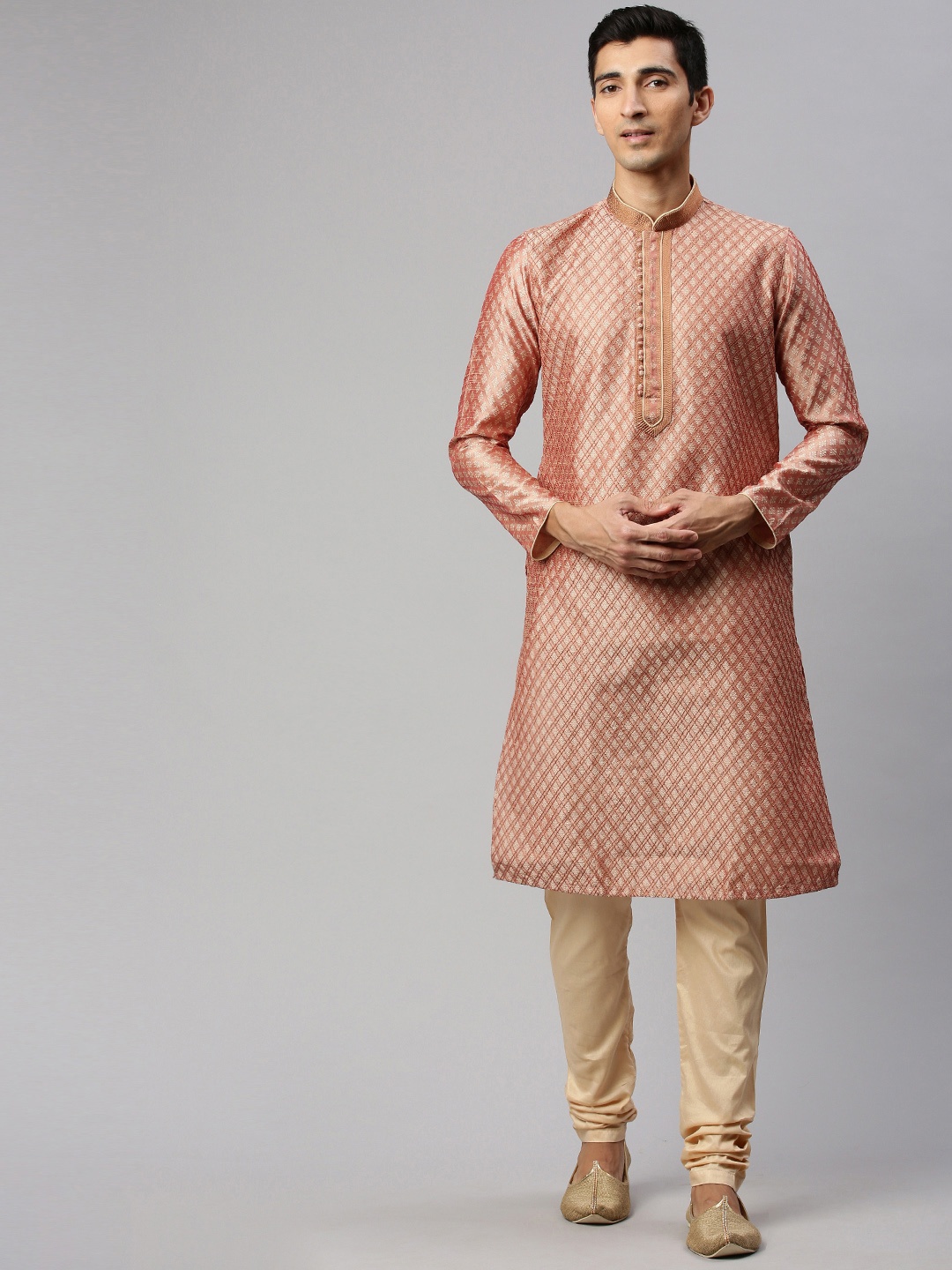 

Manyavar Men Peach-Coloured & Beige Embroidered Kurta with Churidar
