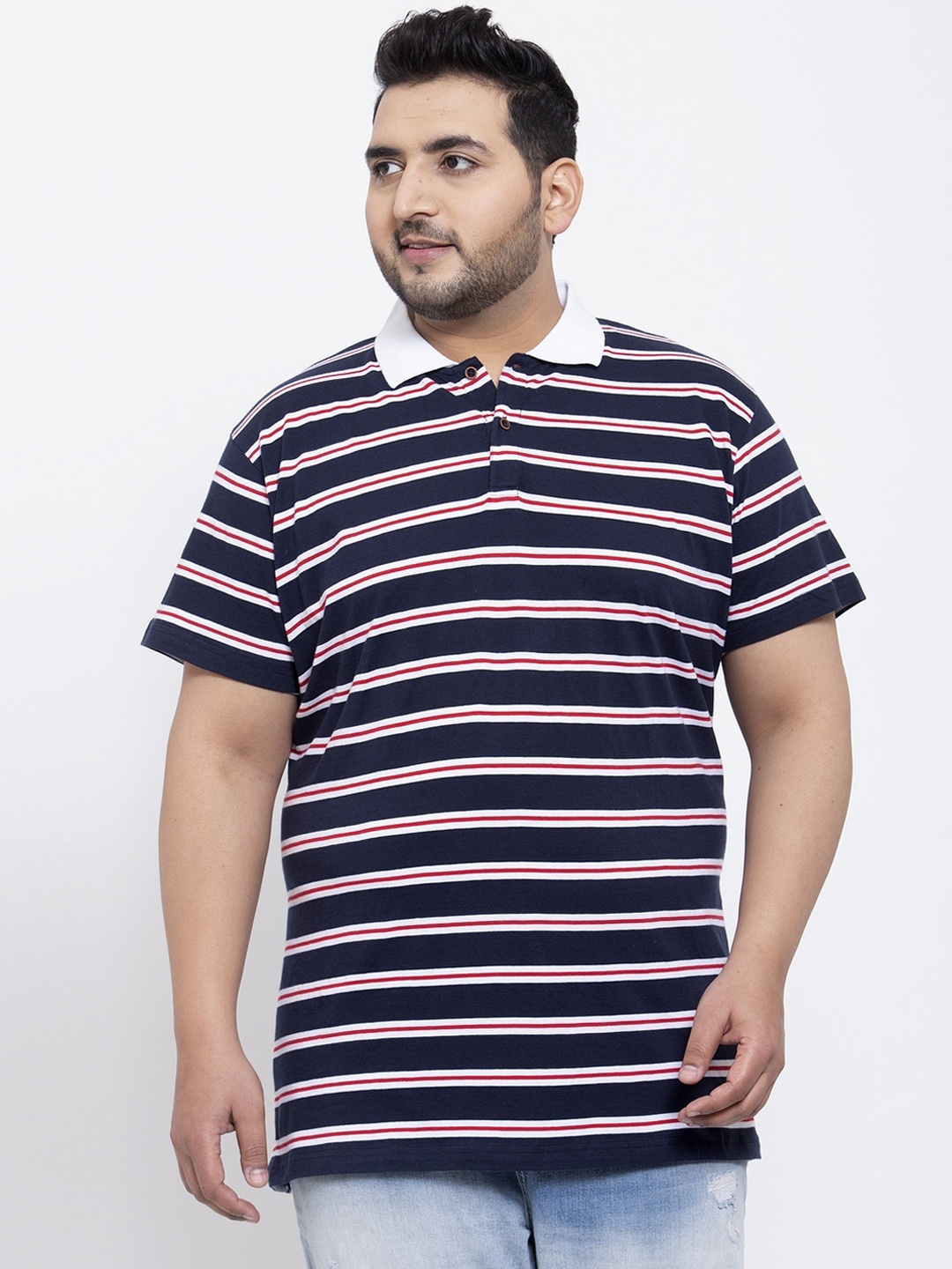 

plusS Men Navy Blue Striped Polo Collar T-shirt