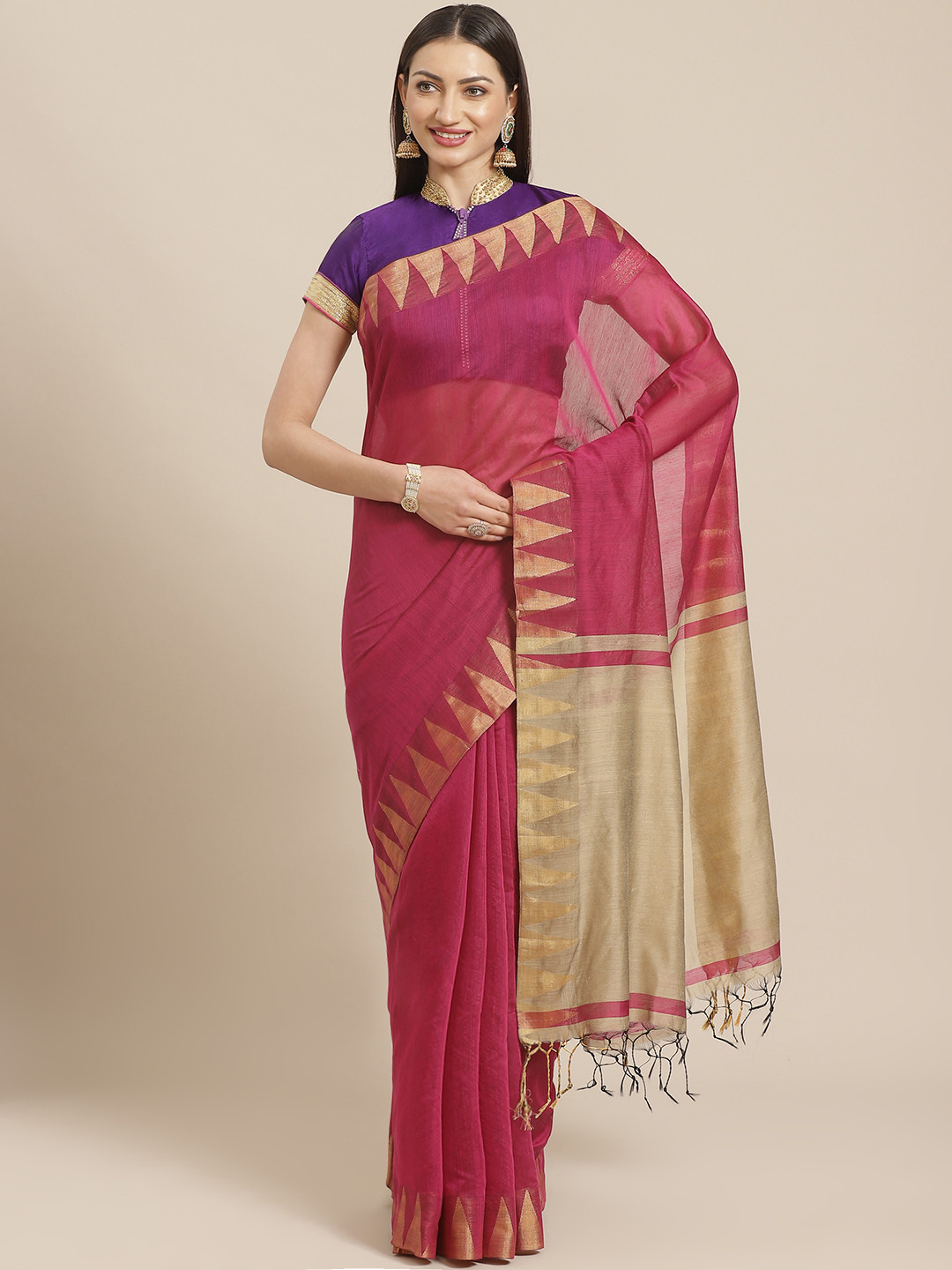 

Chhabra 555 Pink Solid Handloom Venkatgiri Saree